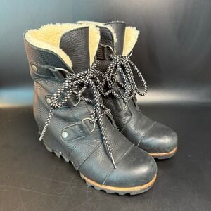 Sorel Womens NL2703-010 Black Leather Wedge Heel Winter Boots US 6 EU 37
